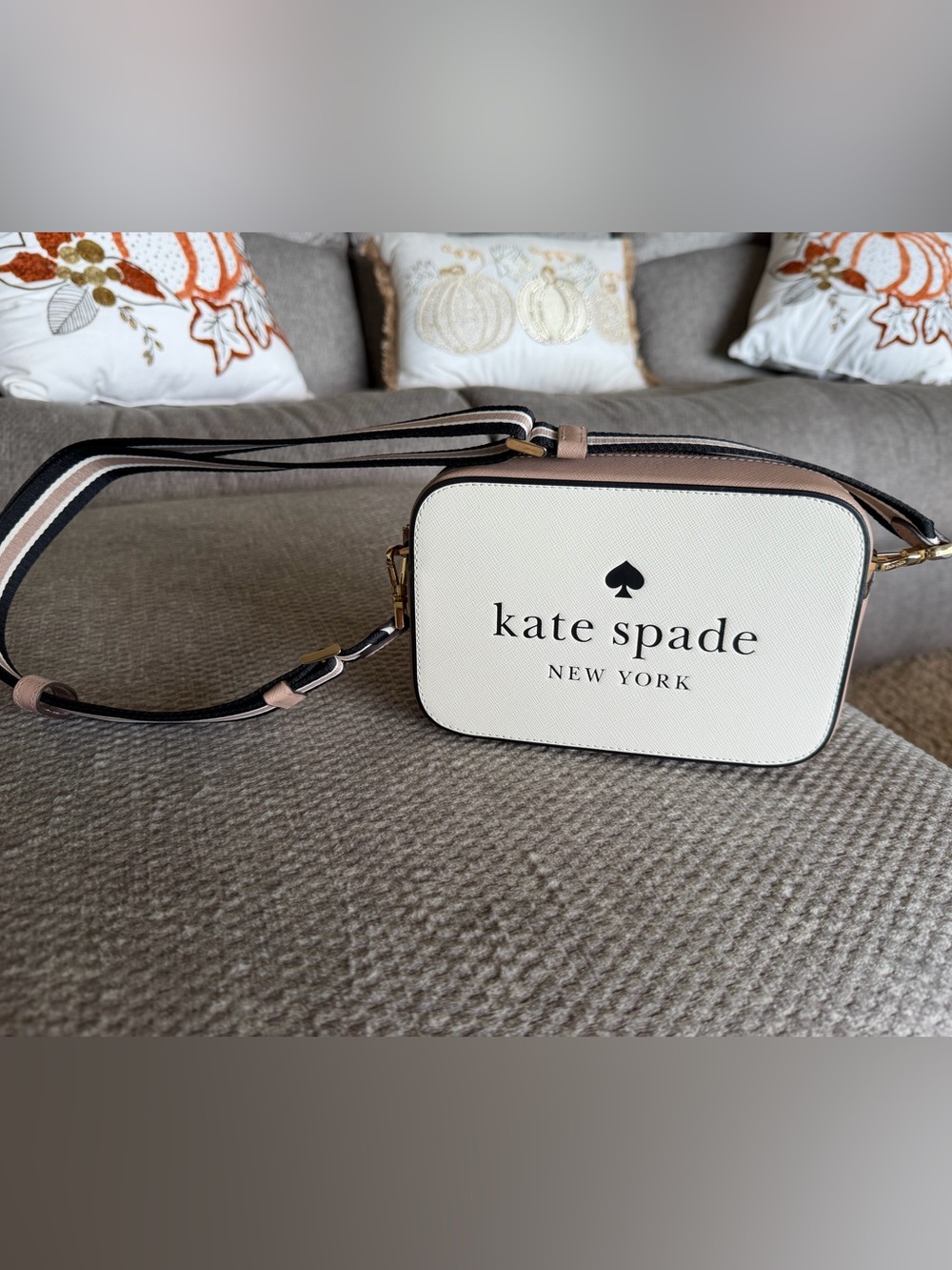 Kate Spade Cream with Mauve Crossbody with Black and Mauve Stripe Strap